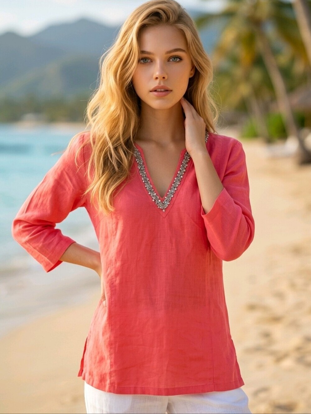 Malvin 100% Linen Coral V-Neck Tunic Top with Sequin Trim Sz M
